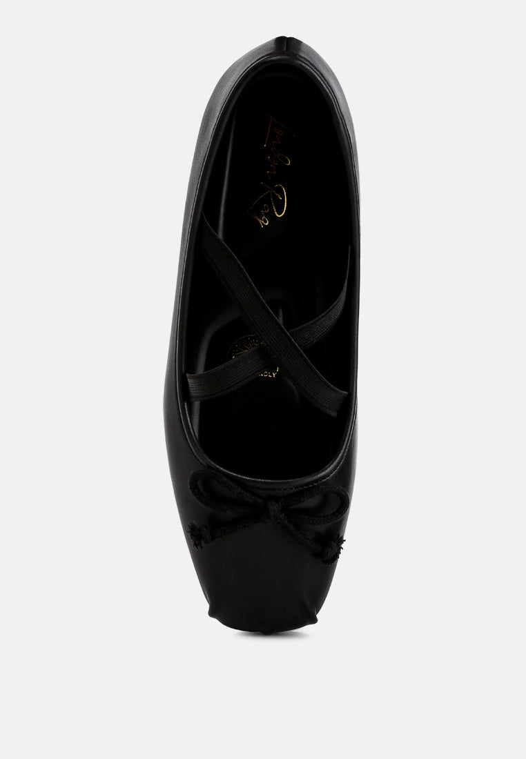 Leina Recycled Faux Leather Ballet Flats featuring criss-cross straps and bow embellishment, perfect for stylish comfort.