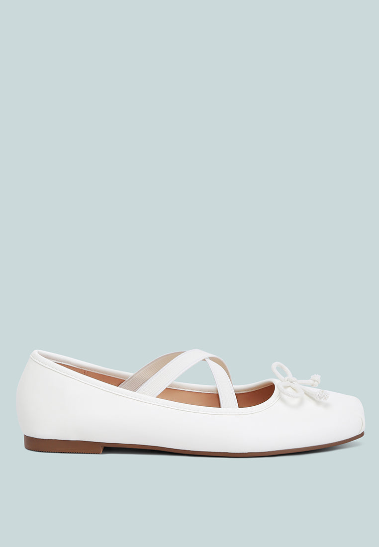 Leina Recycled Faux Leather Ballet Flats featuring criss-cross straps and bow embellishment, perfect for stylish comfort.