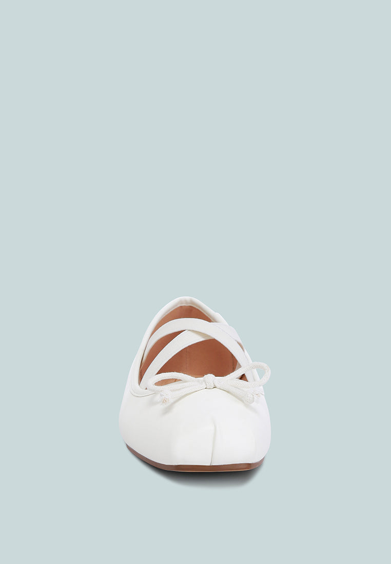 Leina Recycled Faux Leather Ballet Flats featuring criss-cross straps and bow embellishment, perfect for stylish comfort.