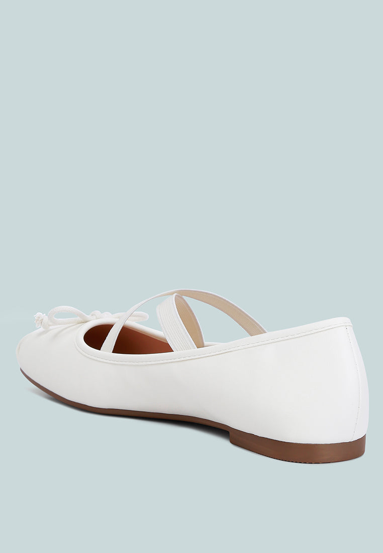 Leina Recycled Faux Leather Ballet Flats featuring criss-cross straps and bow embellishment, perfect for stylish comfort.