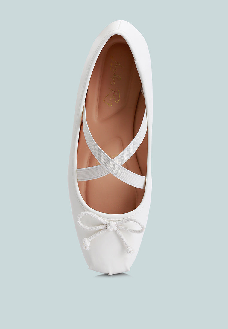 Leina Recycled Faux Leather Ballet Flats featuring criss-cross straps and bow embellishment, perfect for stylish comfort.