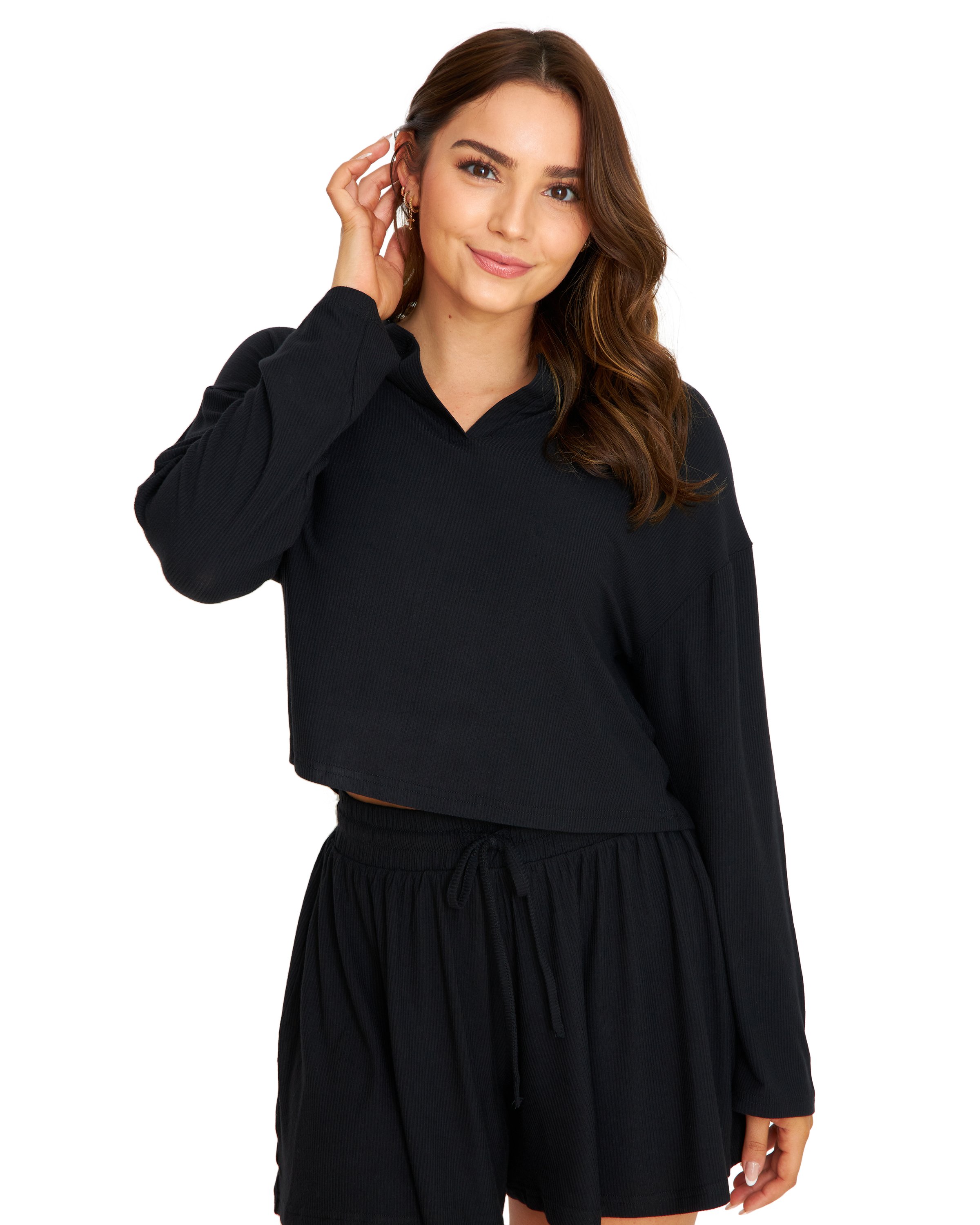 Let's Chill Black Lounge Set featuring a pullover and shorts in lightweight fabric, perfect for lounging and self-care days.