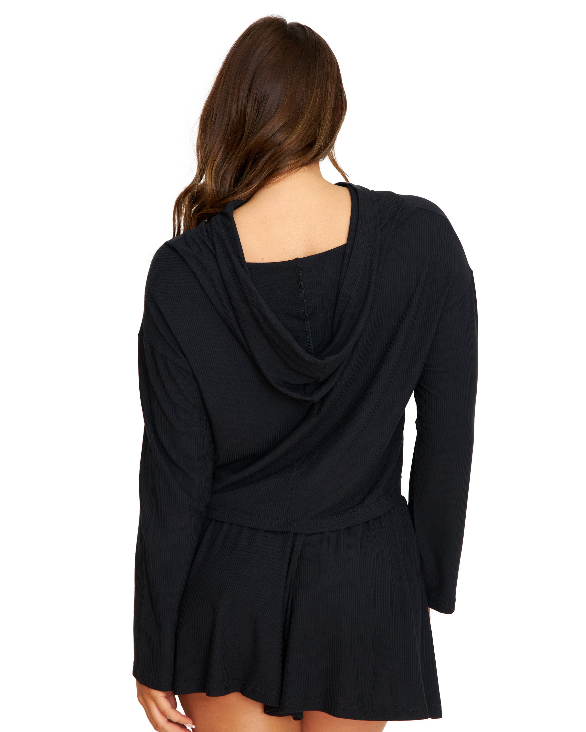 A stylish black pullover with a v-neckline and hoodie, perfect for casual wear and relaxation.