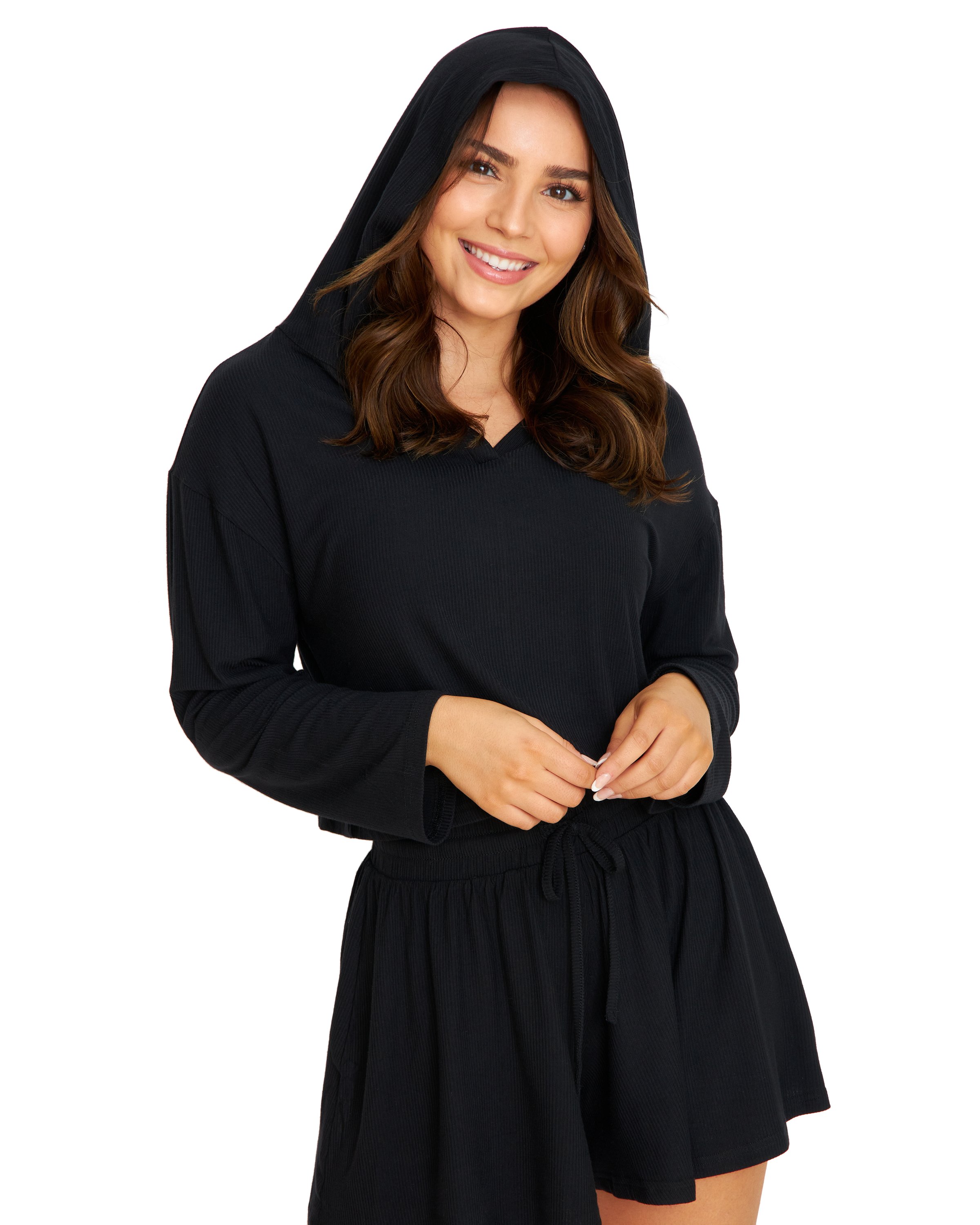 A stylish black pullover with a v-neckline and hoodie, perfect for casual wear and relaxation.