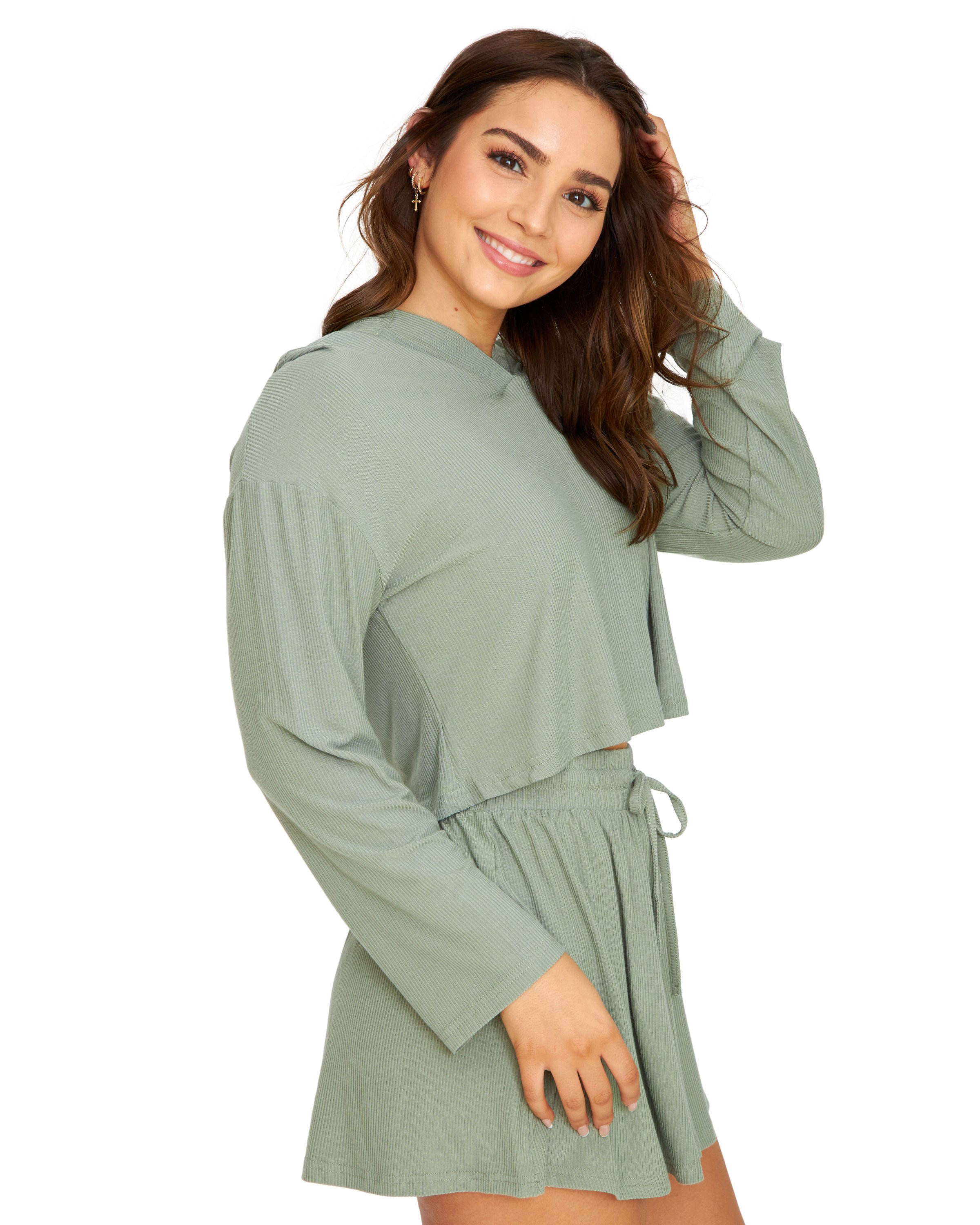 A stylish olive pullover with a v-neckline and hoodie, perfect for lounging and self-care days.