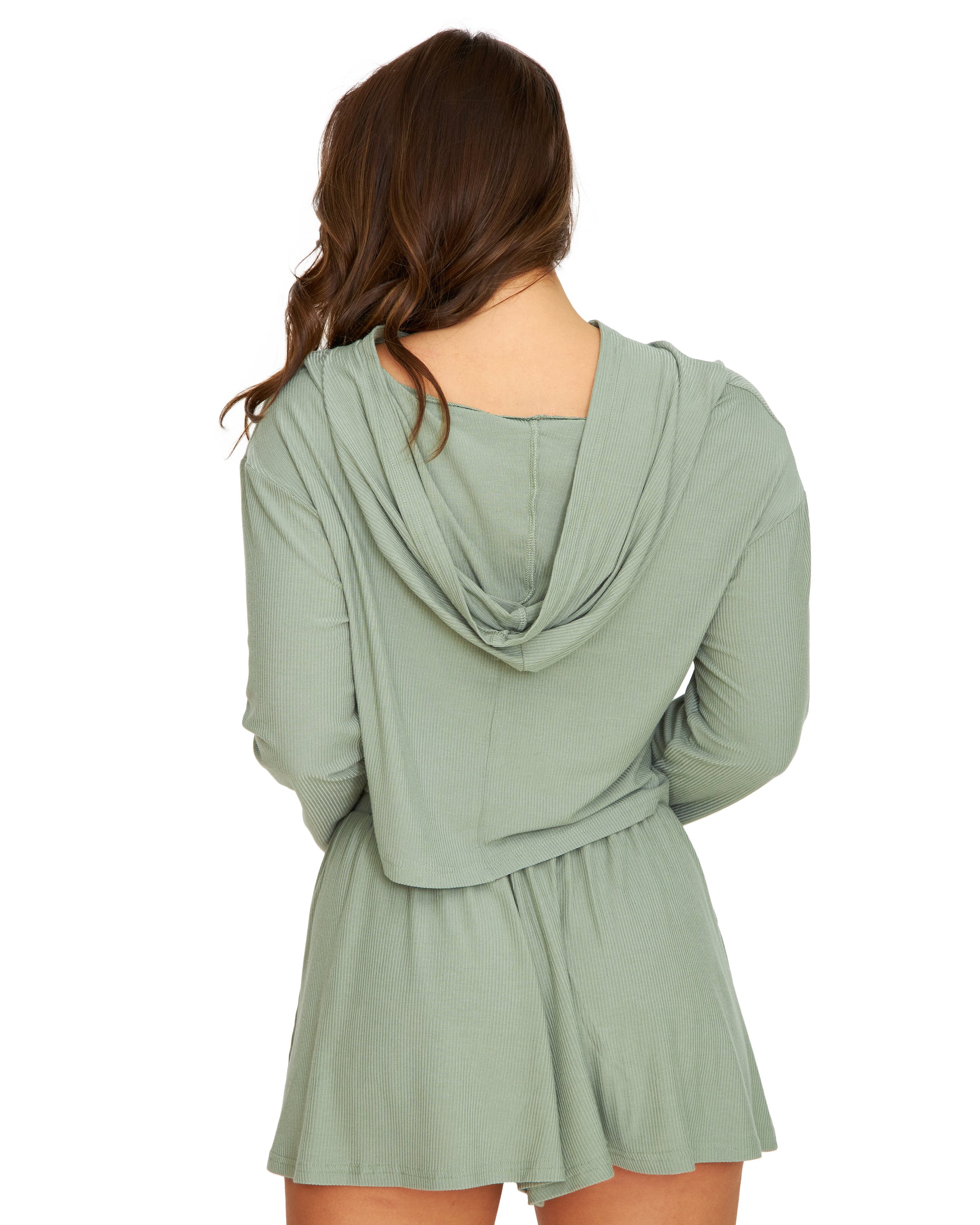 A stylish olive pullover with a v-neckline and hoodie, perfect for lounging and self-care days.