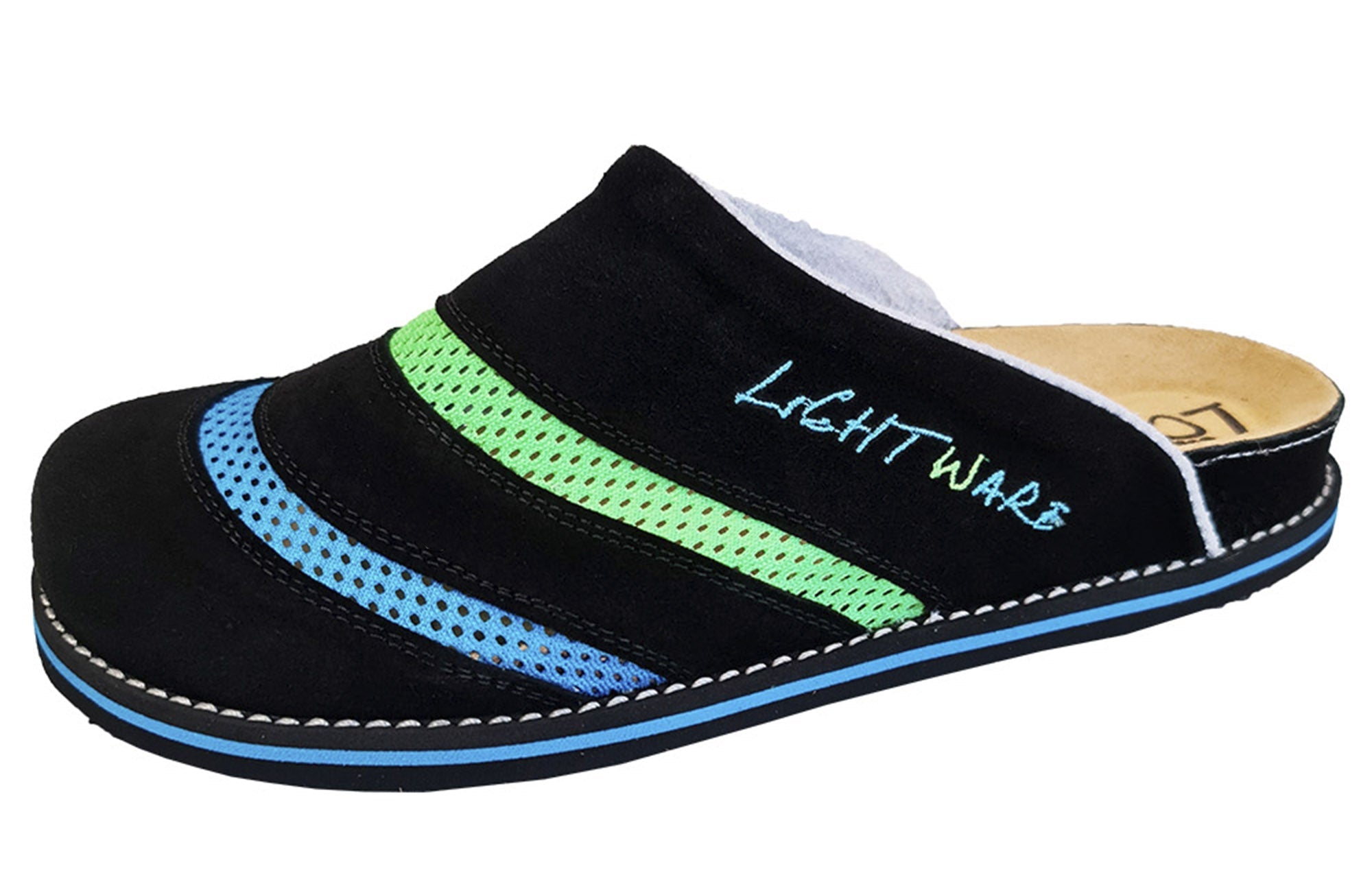 Lightware 3061 Pantoffeln in Schwarz, Blau und Grün, ideal für Erholung nach sportlicher Aktivität, mit ergonomischem Design und rutschfester Sohle.