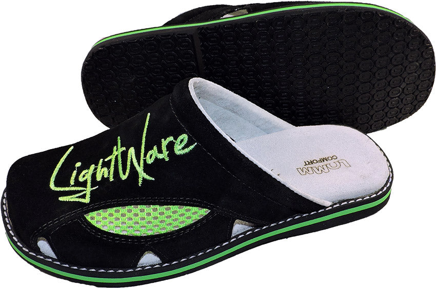 Lightware 4055 Pantolette in Schwarz und Grün, aus natürlichem Leder mit orthopädischen Einlagen für optimalen Komfort.