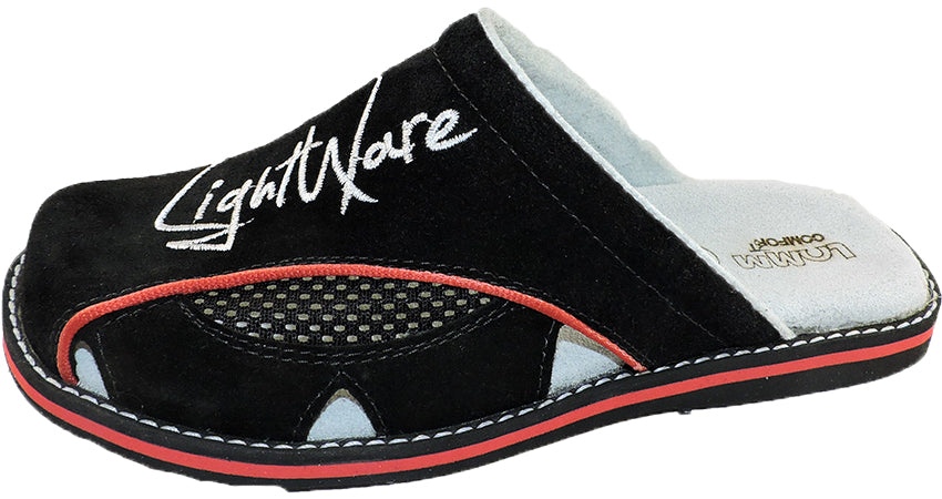 Lightware 4055 Pantolette in Schwarz und Rot, aus natürlichem Leder mit orthopädischen Einlagen für optimalen Komfort.