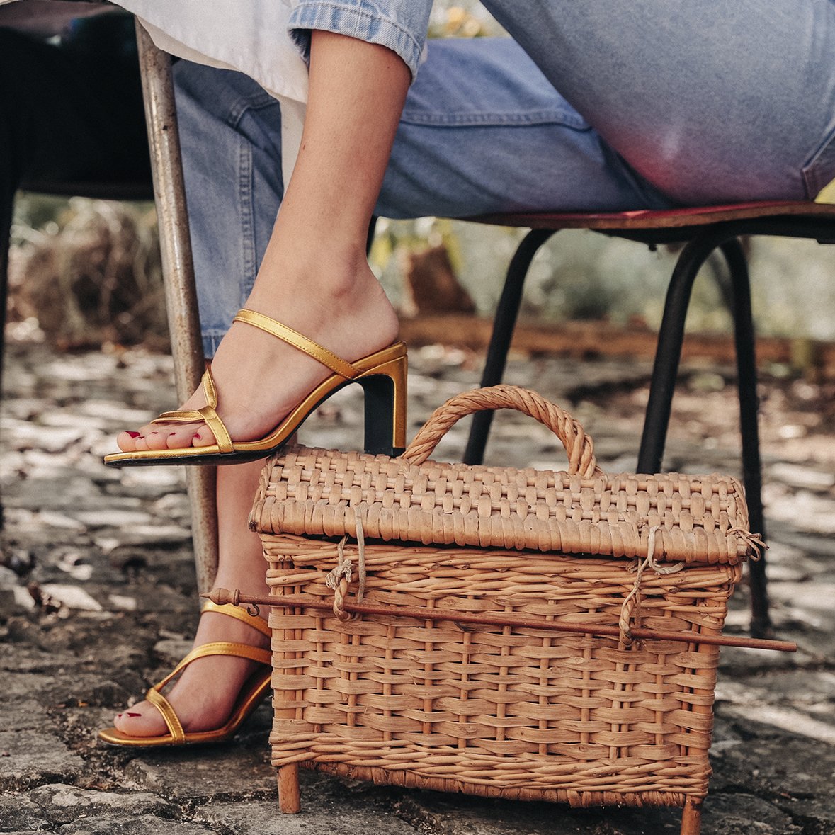 LILY Gold shoes featuring metallic leather upper, thin straps, and square cut toes, handcrafted in Portugal.