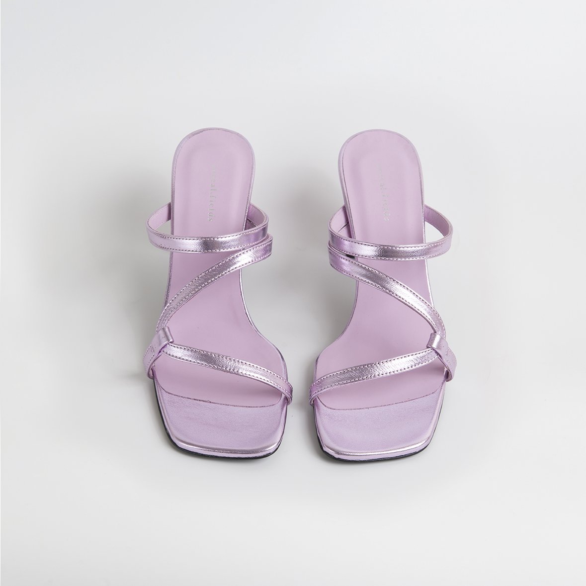 LILY Lilac shoes featuring a metallic leather upper with thin straps and square cut toes, handcrafted in Portugal.