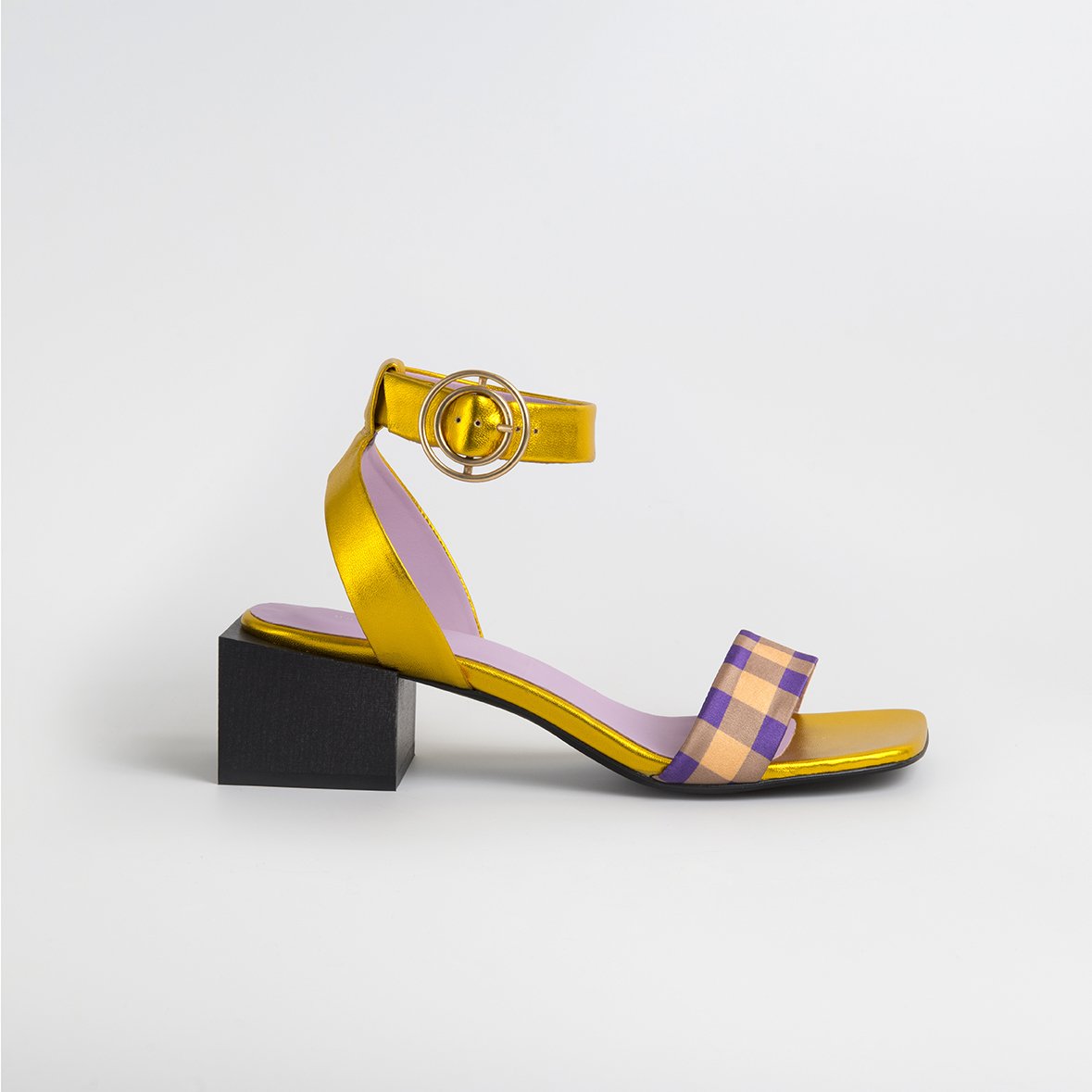 Handcrafted LOLITA Gold/Purple sandals featuring metallic leather, plaid satin, square toe, and wood heel with a gold buckle fastening.