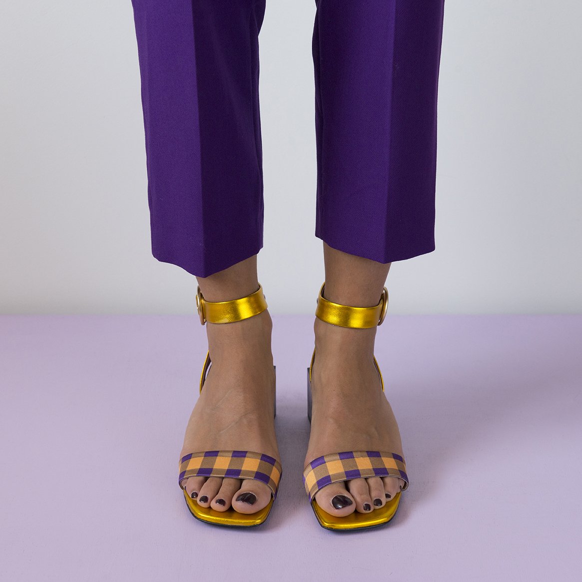 Handcrafted LOLITA Gold/Purple sandals featuring metallic leather, plaid satin, square toe, and wood heel with a gold buckle fastening.