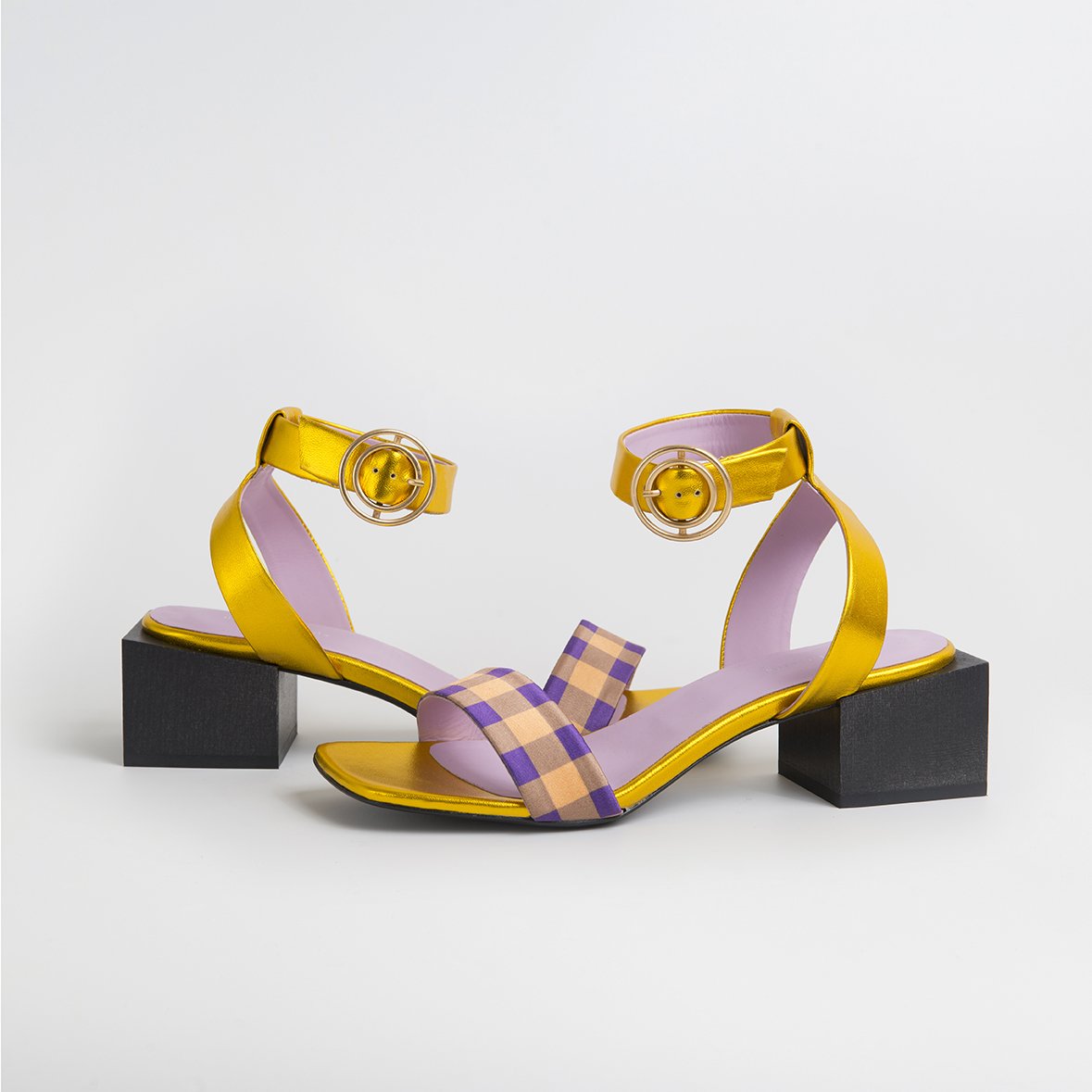 Handcrafted LOLITA Gold/Purple sandals featuring metallic leather, plaid satin, square toe, and wood heel with a gold buckle fastening.