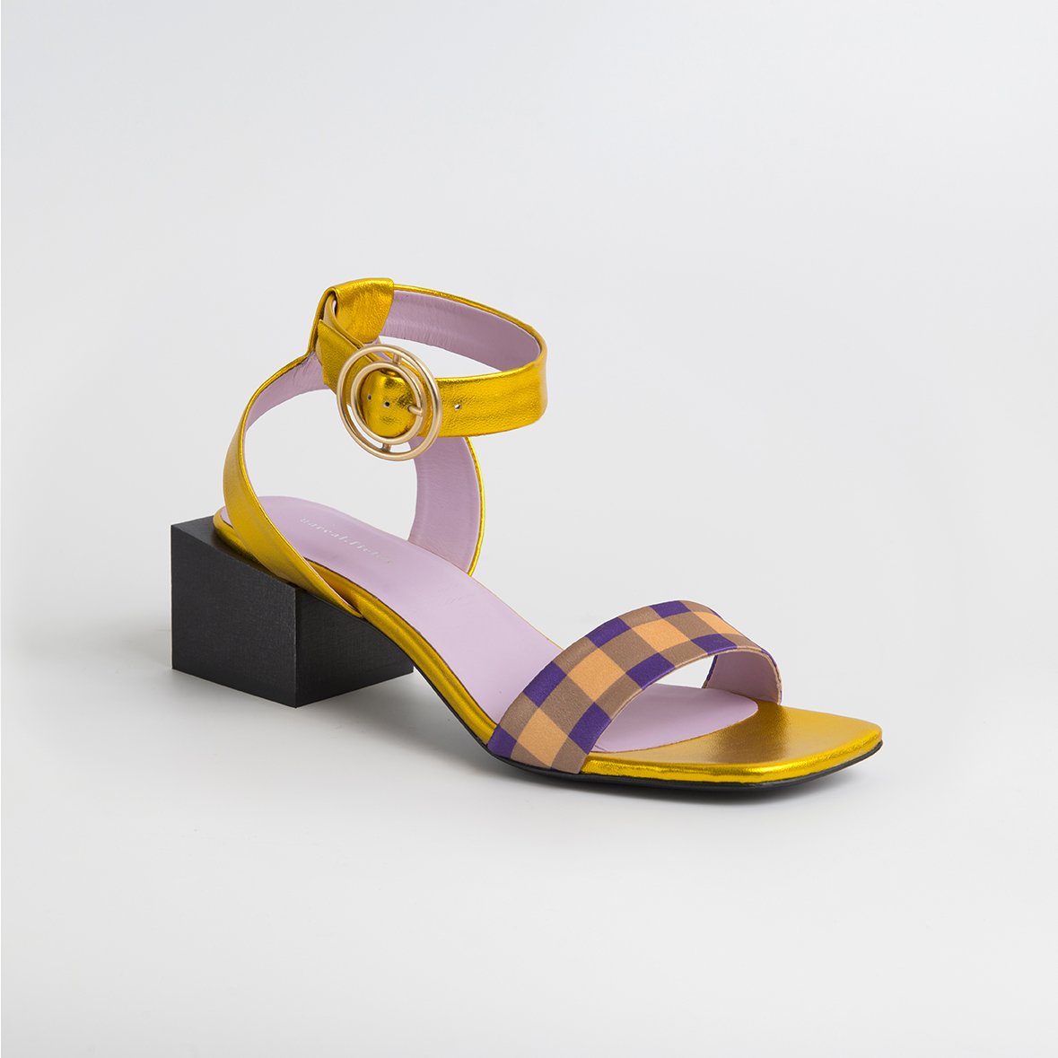 Handcrafted LOLITA Gold/Purple sandals featuring metallic leather, plaid satin, square toe, and wood heel with a gold buckle fastening.