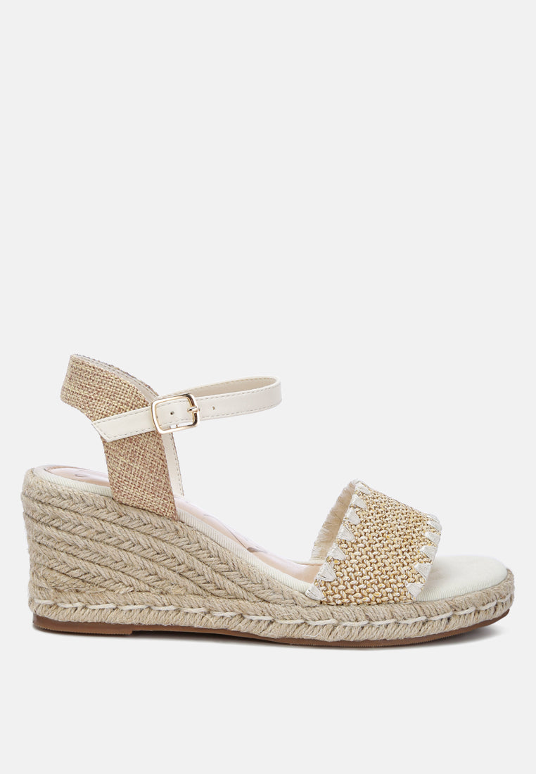 A pair of stylish Lucas Raffia Wedge Heel Espadrilles featuring a raffia upper, classic wedge heel, and ankle strap detail, perfect for summer outings.