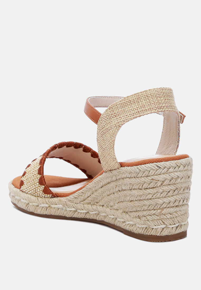 A pair of stylish Lucas Raffia Wedge Heel Espadrilles featuring a raffia upper, classic wedge heel, and ankle strap detail, perfect for summer outings.