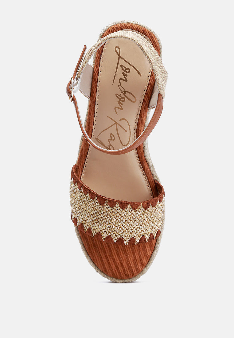 A pair of stylish Lucas Raffia Wedge Heel Espadrilles featuring a raffia upper, classic wedge heel, and ankle strap detail, perfect for summer outings.