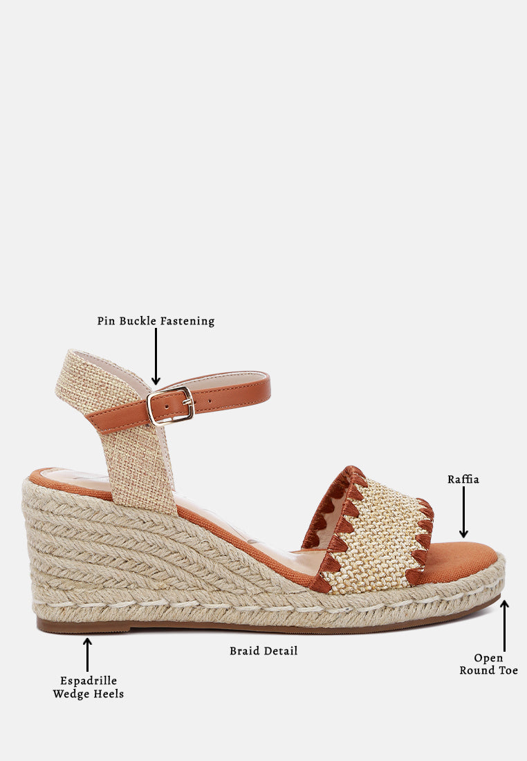 A pair of stylish Lucas Raffia Wedge Heel Espadrilles featuring a raffia upper, classic wedge heel, and ankle strap detail, perfect for summer outings.