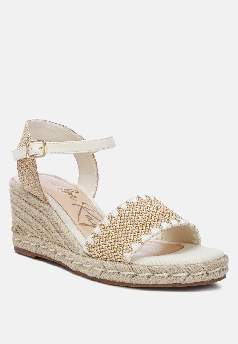 A pair of stylish Lucas Raffia Wedge Heel Espadrilles featuring a raffia upper, classic wedge heel, and ankle strap detail, perfect for summer outings.