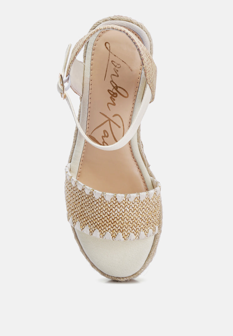 A pair of stylish Lucas Raffia Wedge Heel Espadrilles featuring a raffia upper, classic wedge heel, and ankle strap detail, perfect for summer outings.