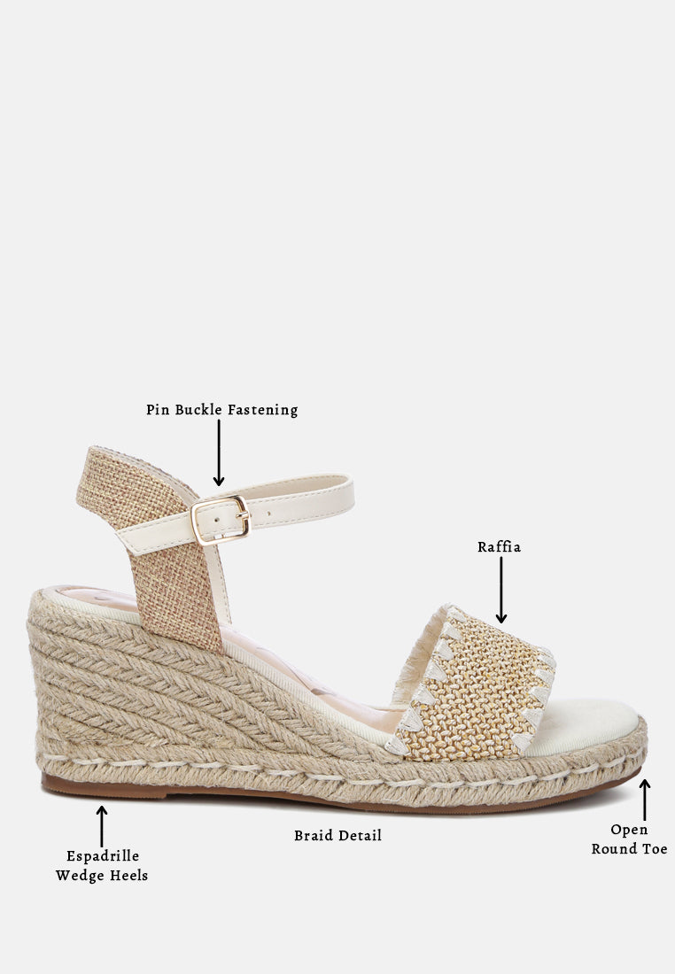 A pair of stylish Lucas Raffia Wedge Heel Espadrilles featuring a raffia upper, classic wedge heel, and ankle strap detail, perfect for summer outings.