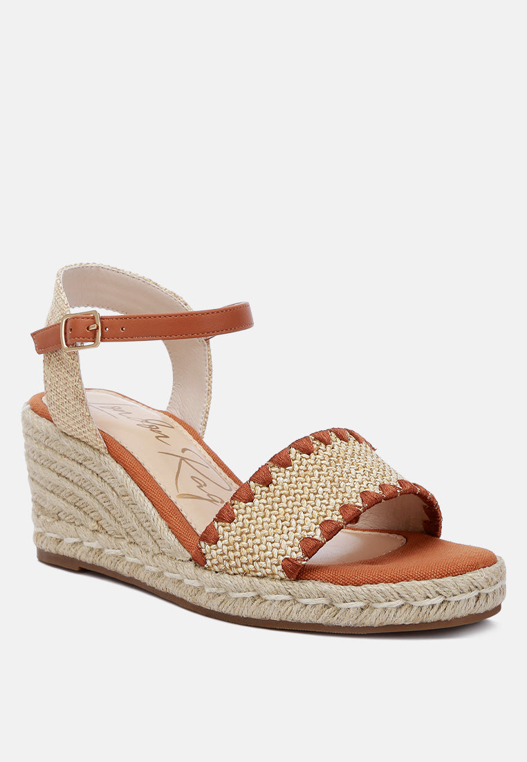 A pair of stylish Lucas Raffia Wedge Heel Espadrilles featuring a raffia upper, classic wedge heel, and ankle strap detail, perfect for summer outings.