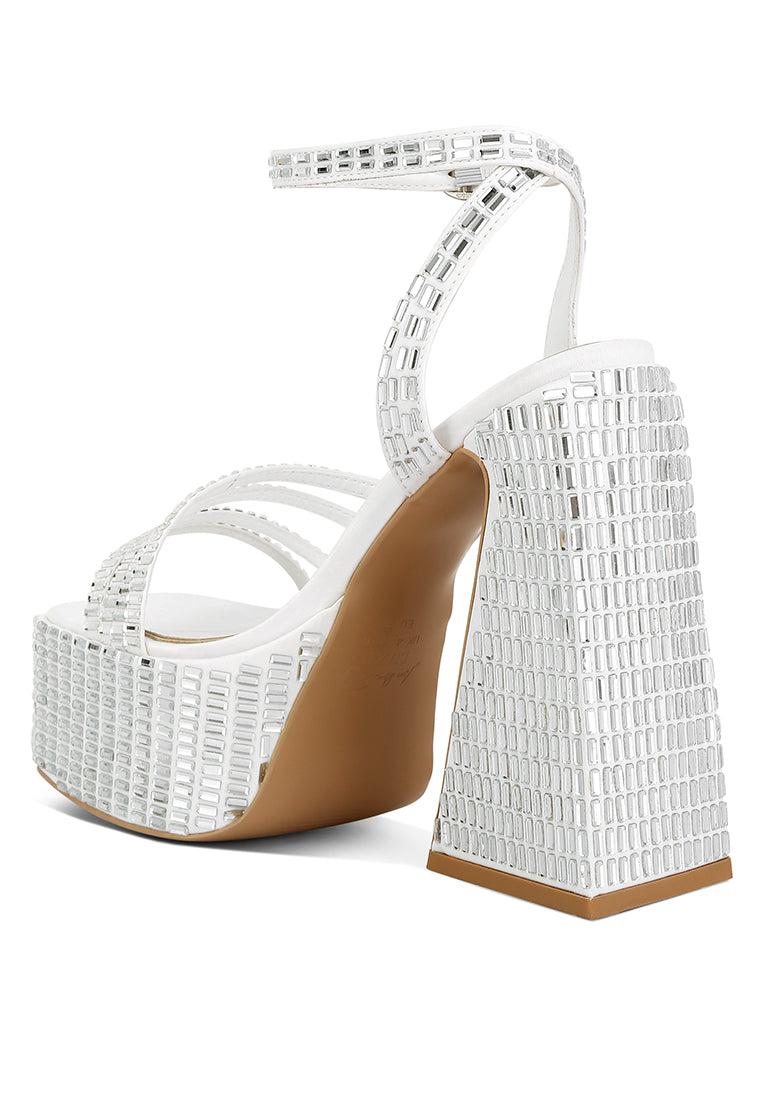 Lustrous mirror embellished flare block heel sandals with open square toe and ankle strap, showcasing a glamorous design perfect for parties.