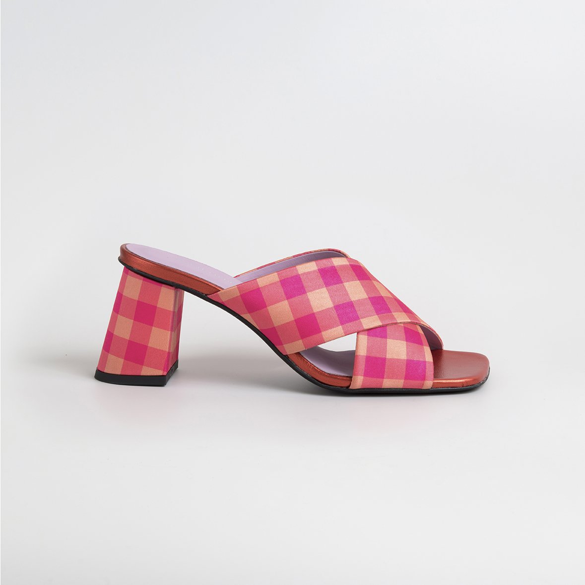 MADGE Fuchsia/Orange Sandals featuring multicoloured plaid satin fabric and a fabric covered oblique heel, handcrafted in Portugal.