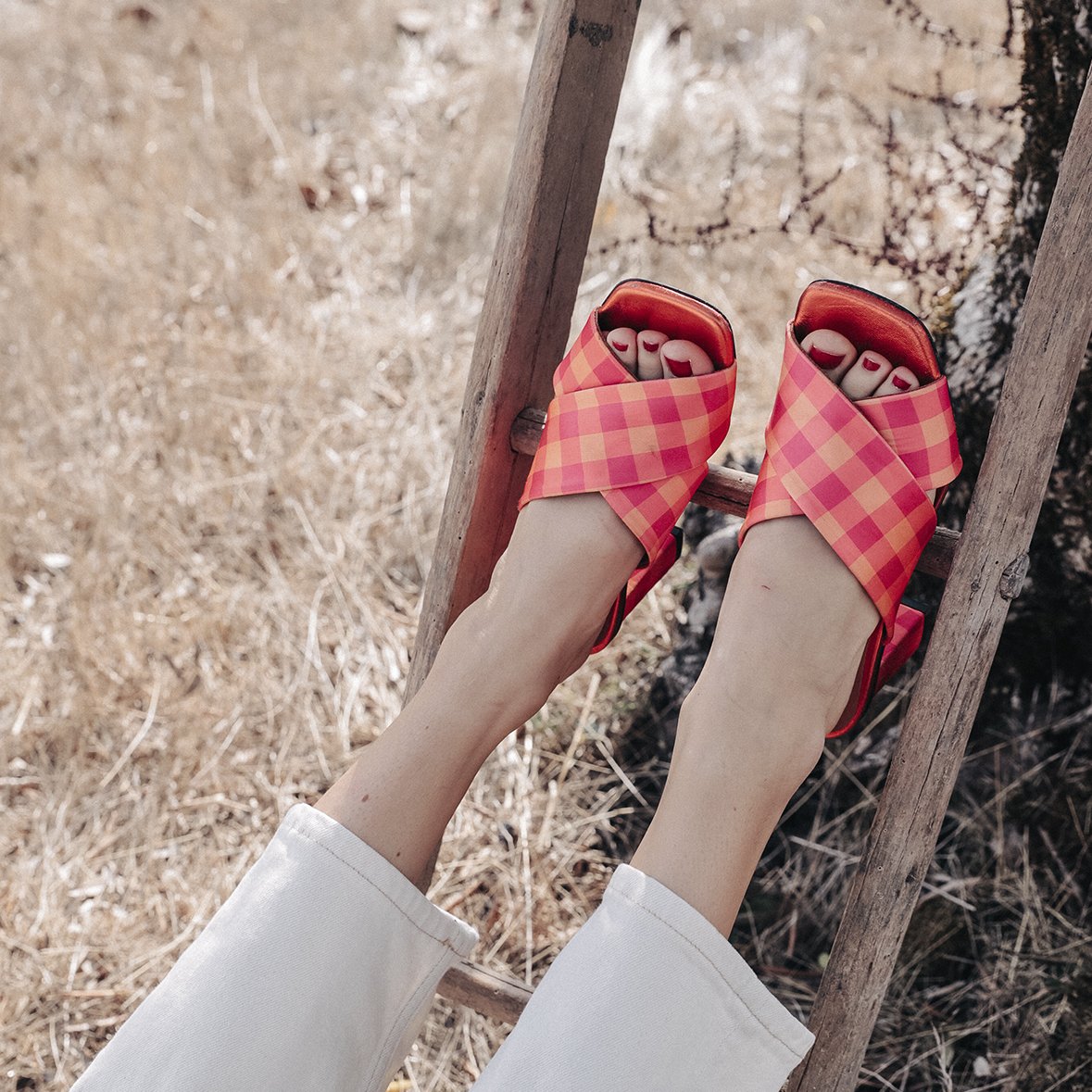 MADGE Fuchsia/Orange Sandals featuring multicoloured plaid satin fabric and a fabric covered oblique heel, handcrafted in Portugal.