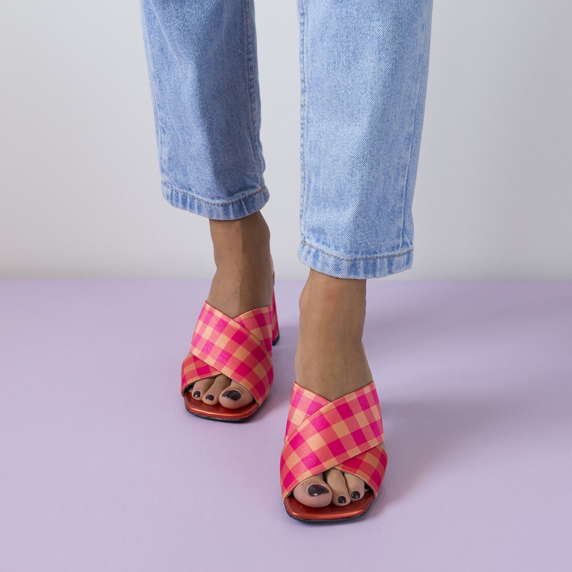 MADGE Fuchsia/Orange Sandals featuring multicoloured plaid satin fabric and a fabric covered oblique heel, handcrafted in Portugal.