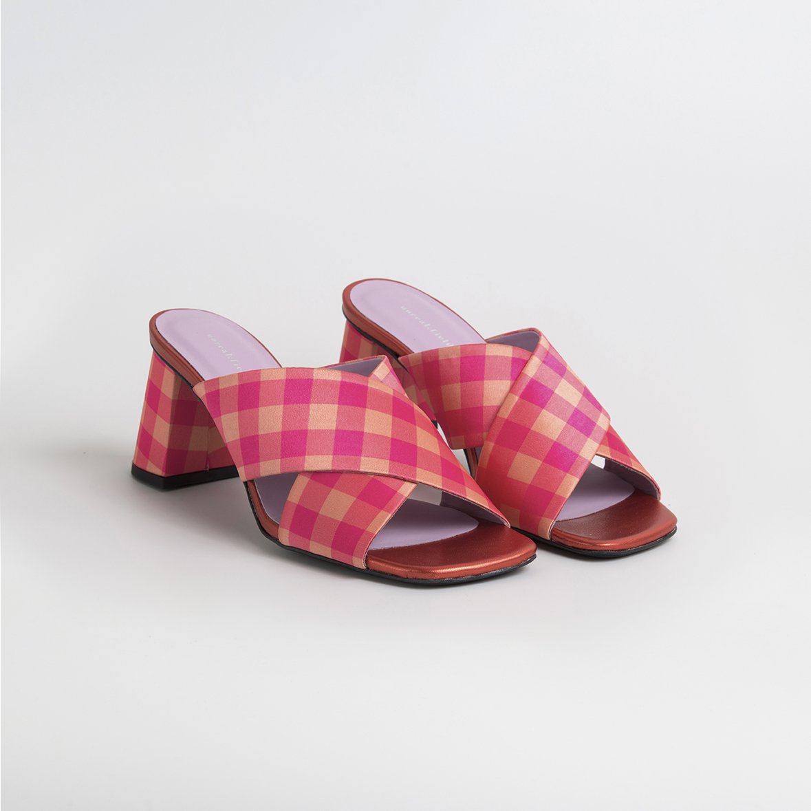 MADGE Fuchsia/Orange Sandals featuring multicoloured plaid satin fabric and a fabric covered oblique heel, handcrafted in Portugal.