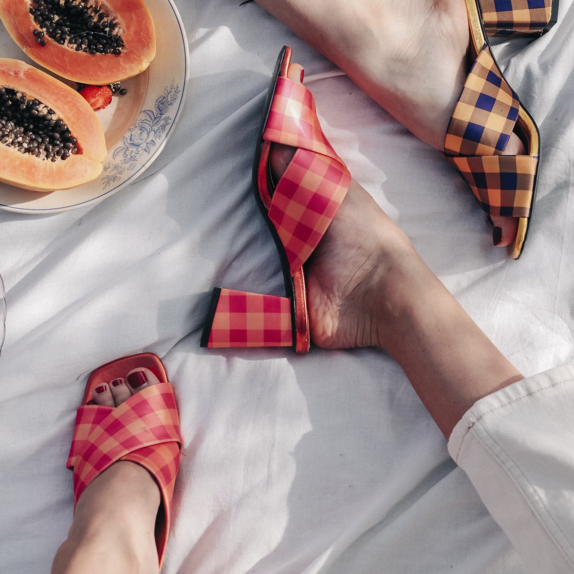 MADGE Fuchsia/Orange Sandals featuring multicoloured plaid satin fabric and a fabric covered oblique heel, handcrafted in Portugal.