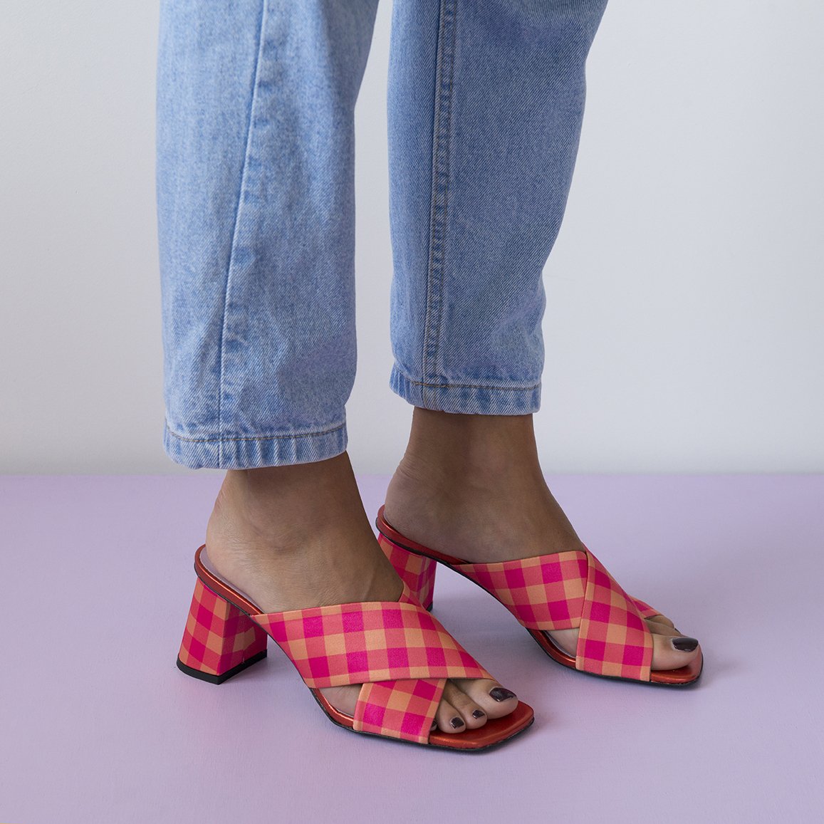 MADGE Fuchsia/Orange Sandals featuring multicoloured plaid satin fabric and a fabric covered oblique heel, handcrafted in Portugal.