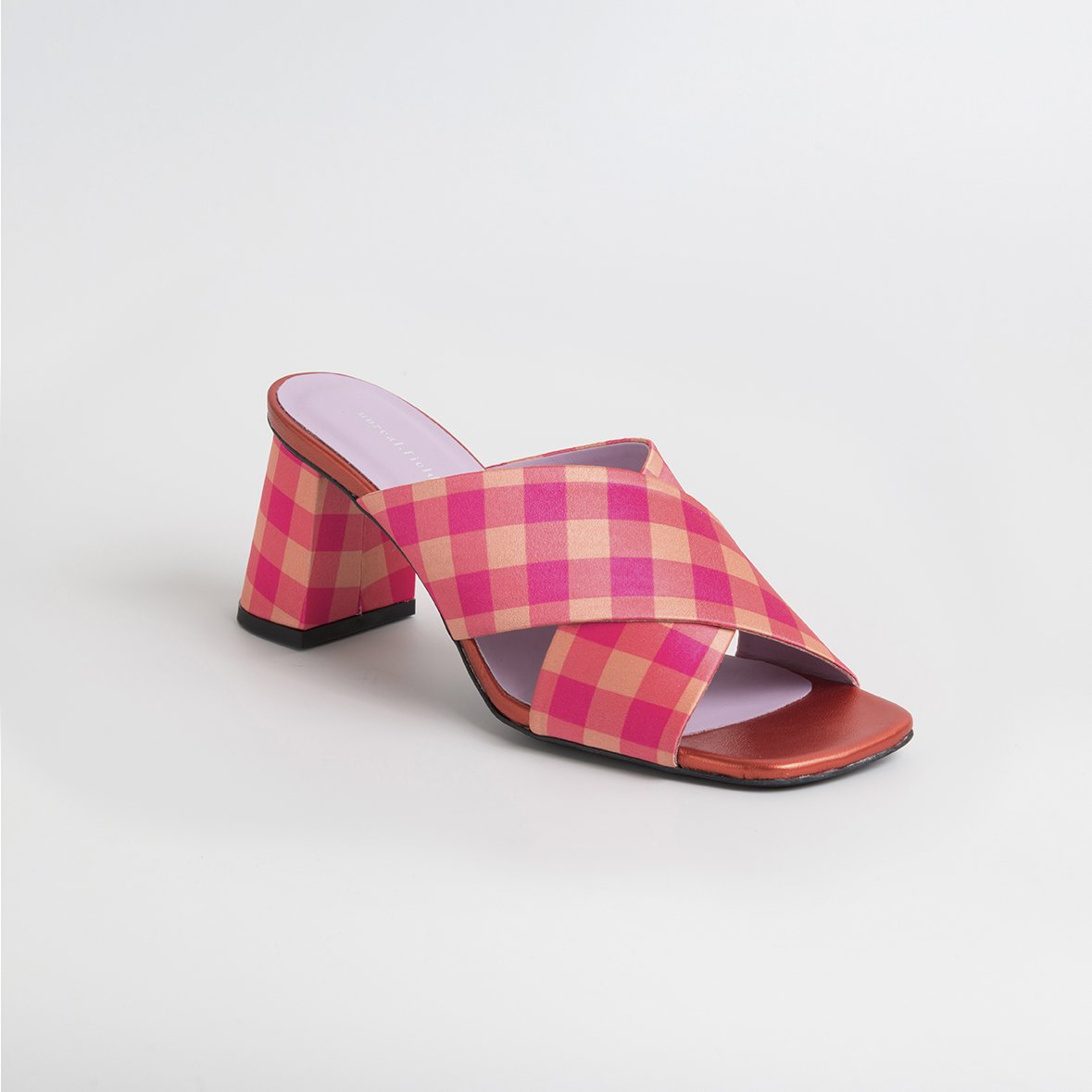 MADGE Fuchsia/Orange Sandals featuring multicoloured plaid satin fabric and a fabric covered oblique heel, handcrafted in Portugal.