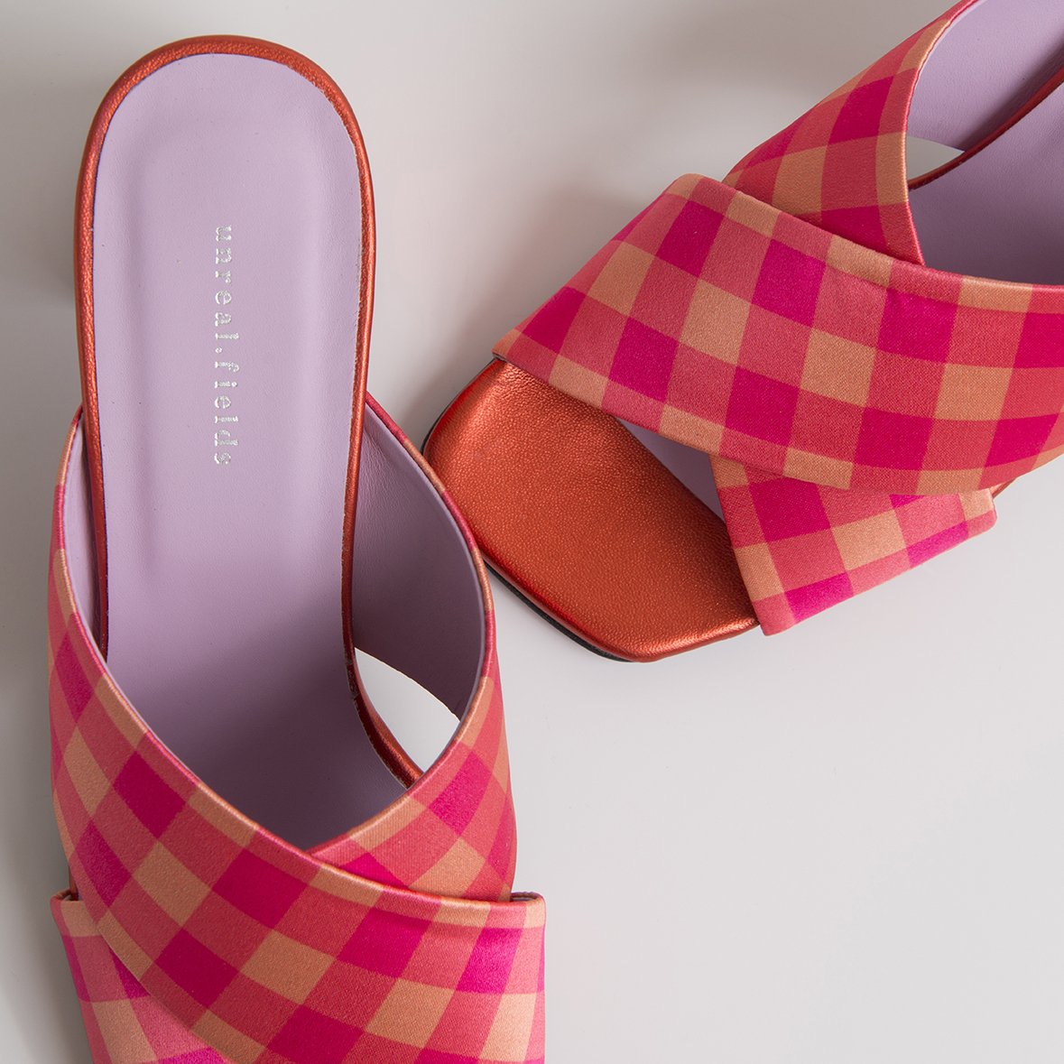 MADGE Fuchsia/Orange Sandals featuring multicoloured plaid satin fabric and a fabric covered oblique heel, handcrafted in Portugal.