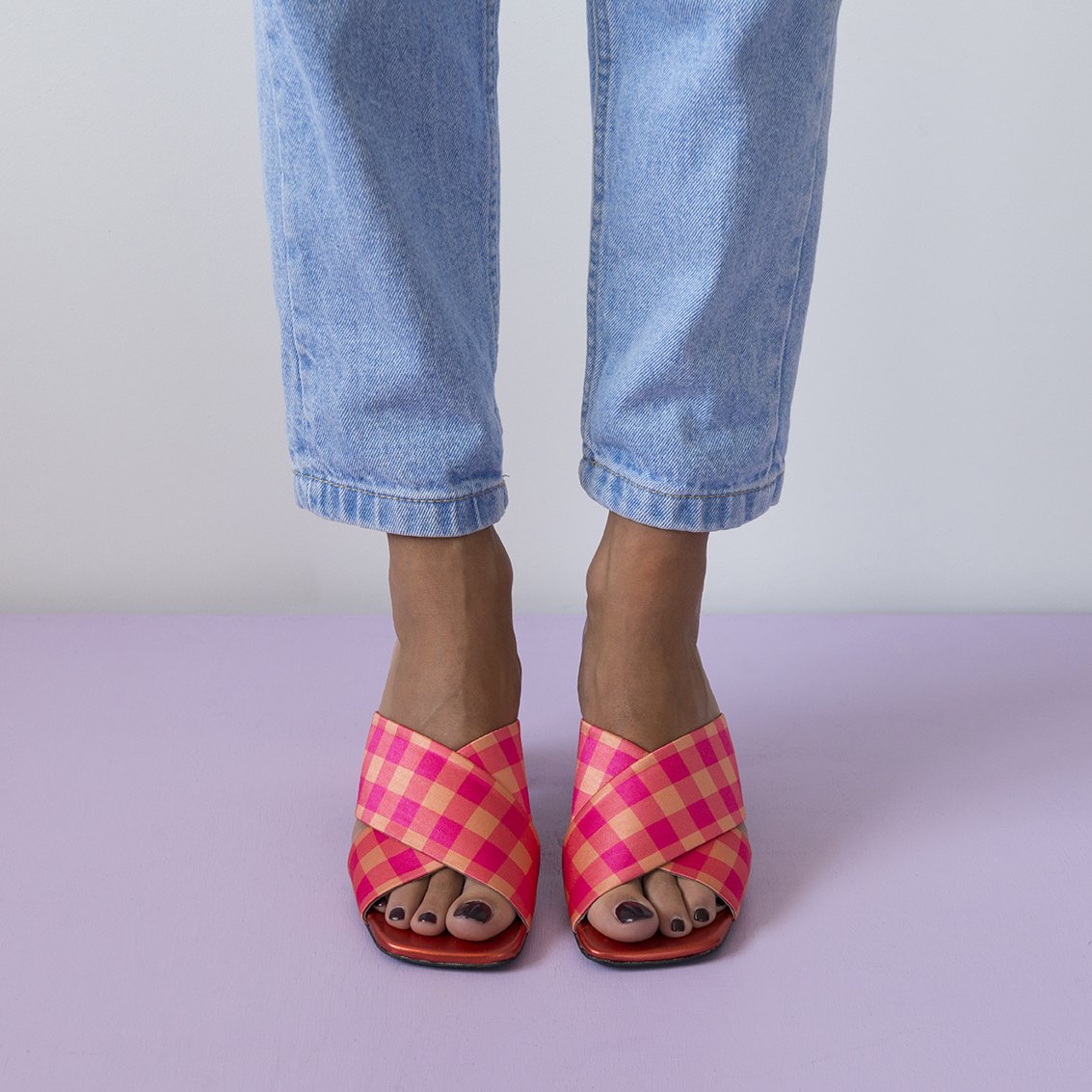 MADGE Fuchsia/Orange Sandals featuring multicoloured plaid satin fabric and a fabric covered oblique heel, handcrafted in Portugal.