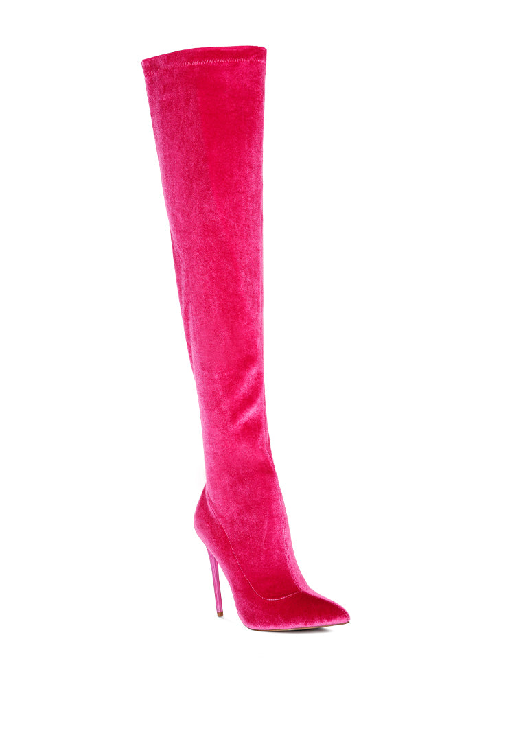 Madmiss Stiletto Calf Boots featuring a velvet upper, pointed toe, and side zipper, perfect for winter fashion.