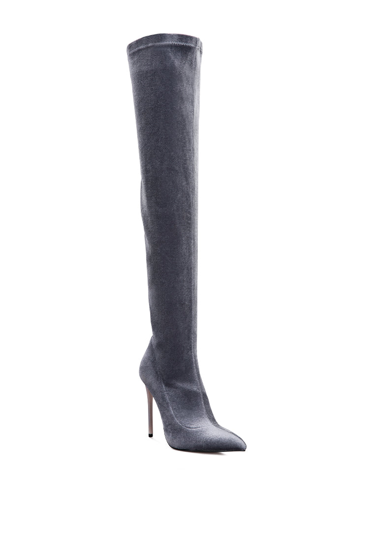 Madmiss Stiletto Calf Boots featuring a velvet upper, pointed toe, and side zipper, perfect for winter fashion.