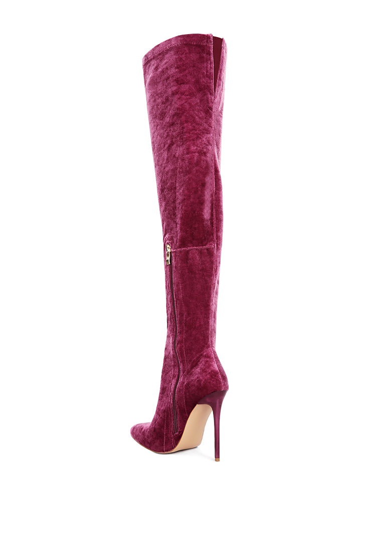 Madmiss Stiletto Calf Boots featuring a velvet upper, pointed toe, and side zipper, perfect for winter fashion.