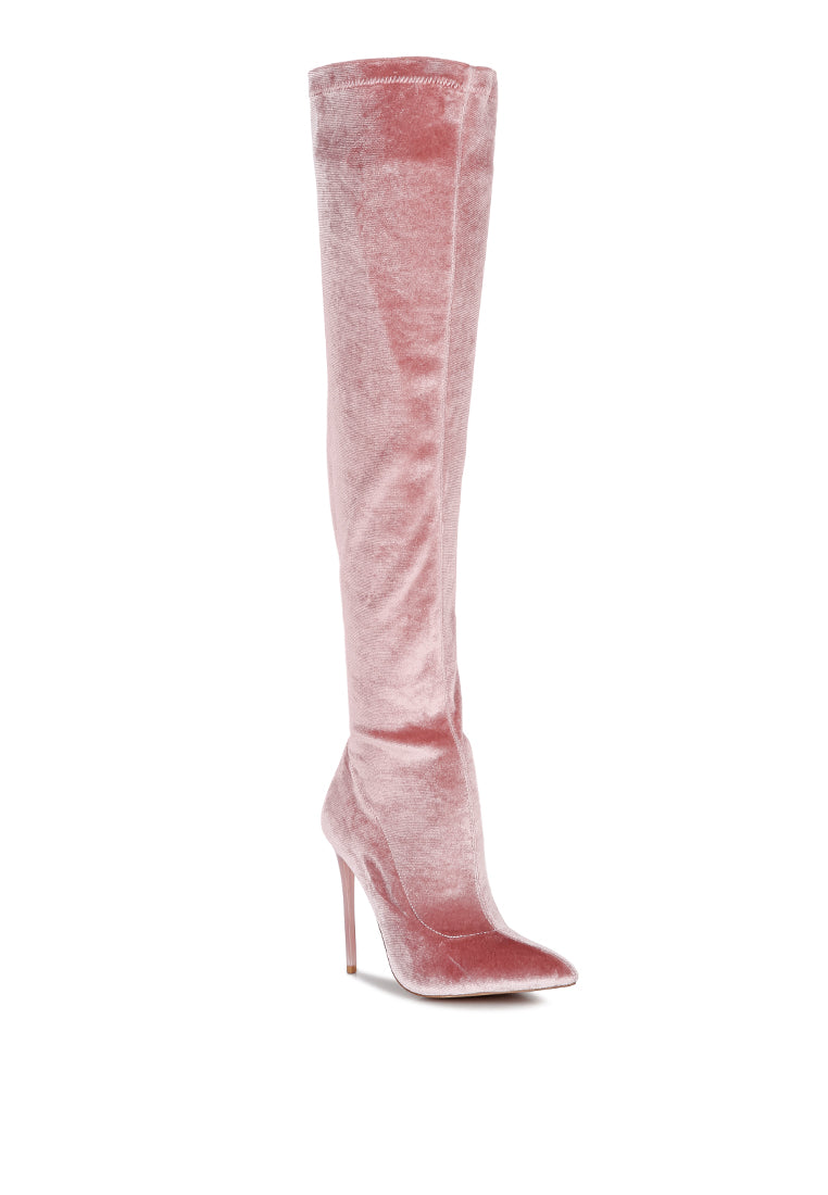 Madmiss Stiletto Calf Boots featuring a velvet upper, pointed toe, and side zipper, perfect for winter fashion.