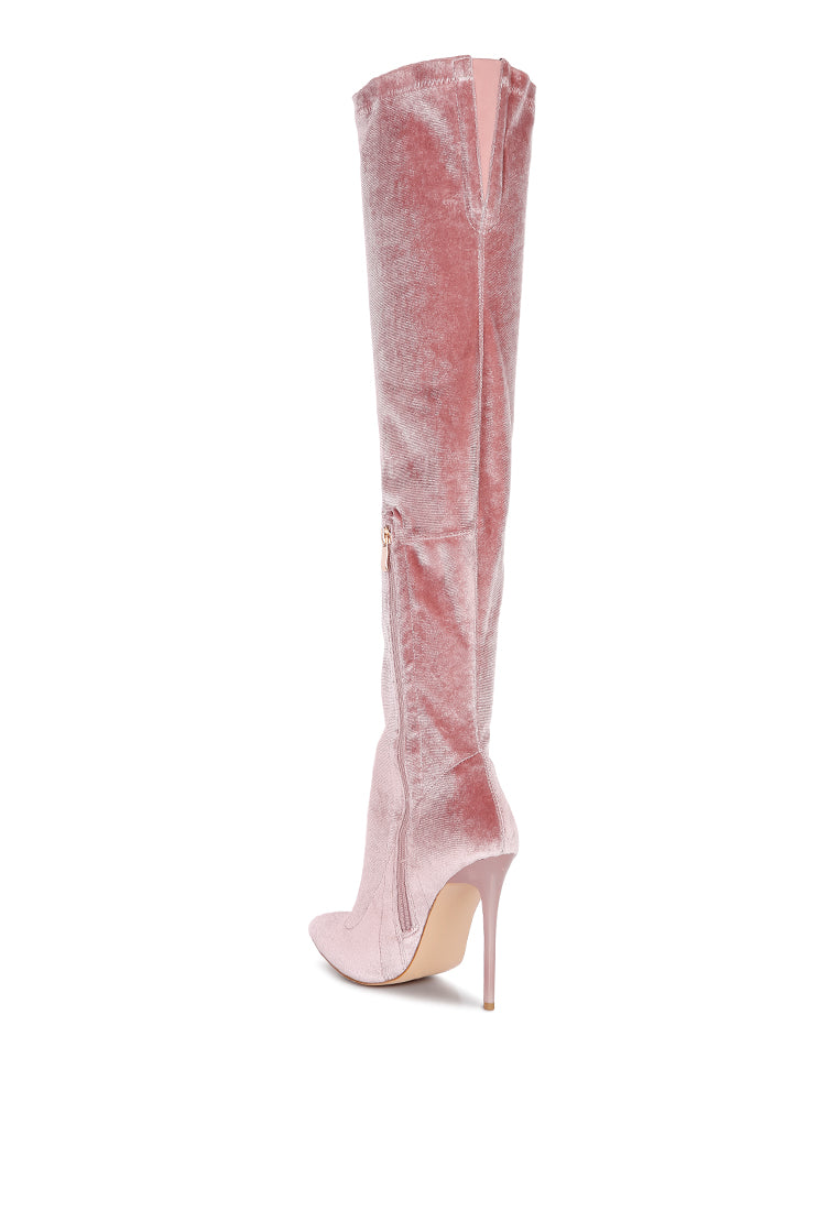 Madmiss Stiletto Calf Boots featuring a velvet upper, pointed toe, and side zipper, perfect for winter fashion.