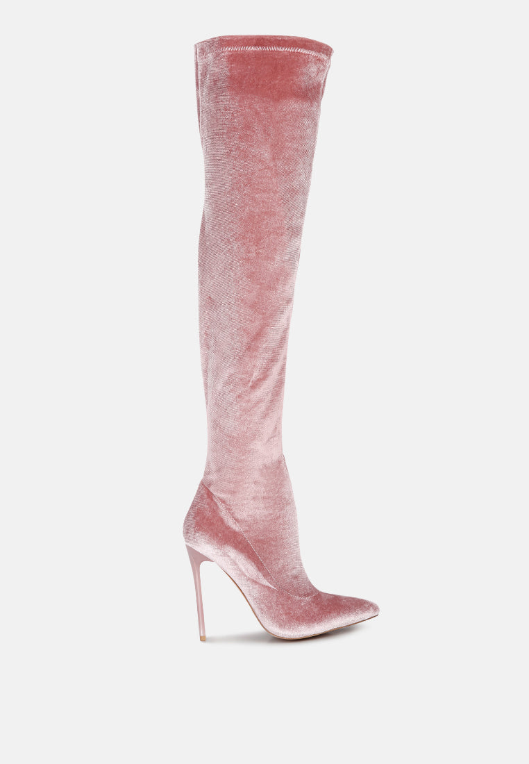 Madmiss Stiletto Calf Boots featuring a velvet upper, pointed toe, and side zipper, perfect for winter fashion.