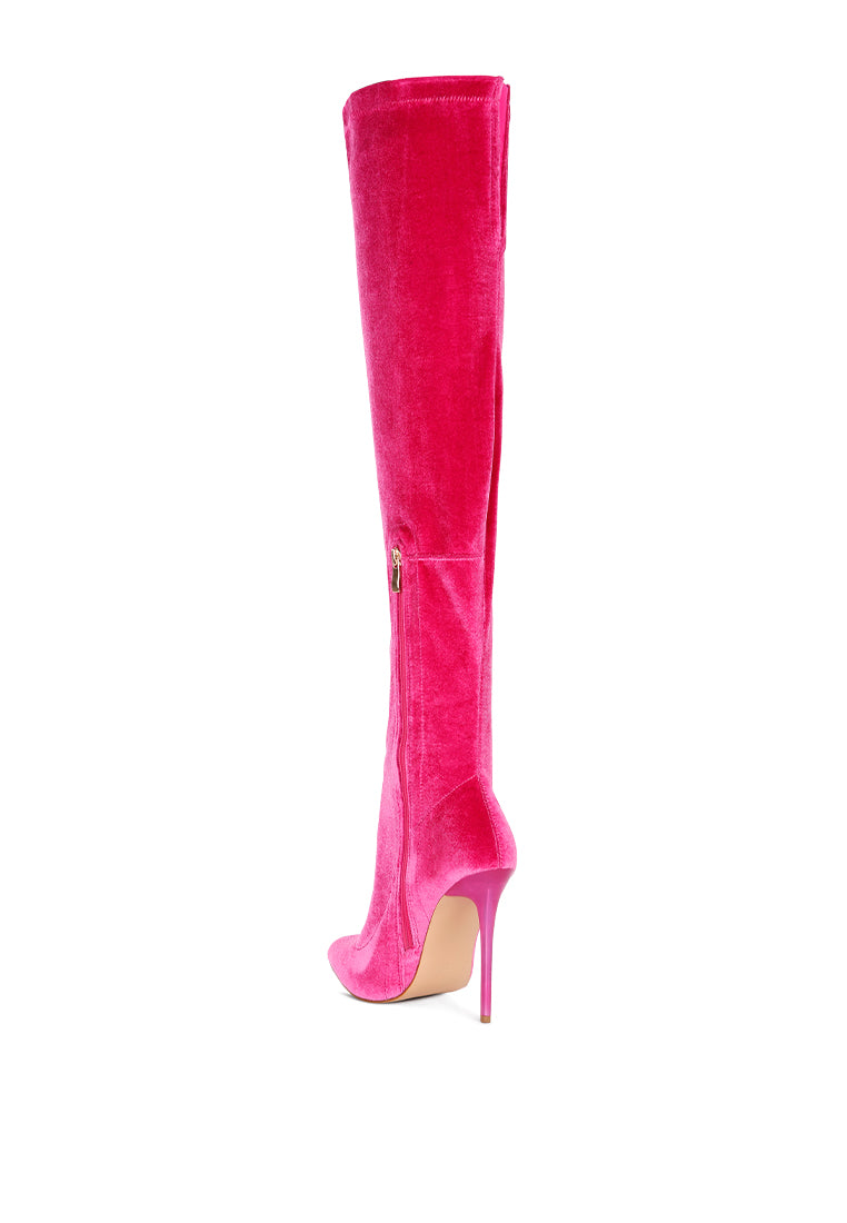 Madmiss Stiletto Calf Boots featuring a velvet upper, pointed toe, and side zipper, perfect for winter fashion.