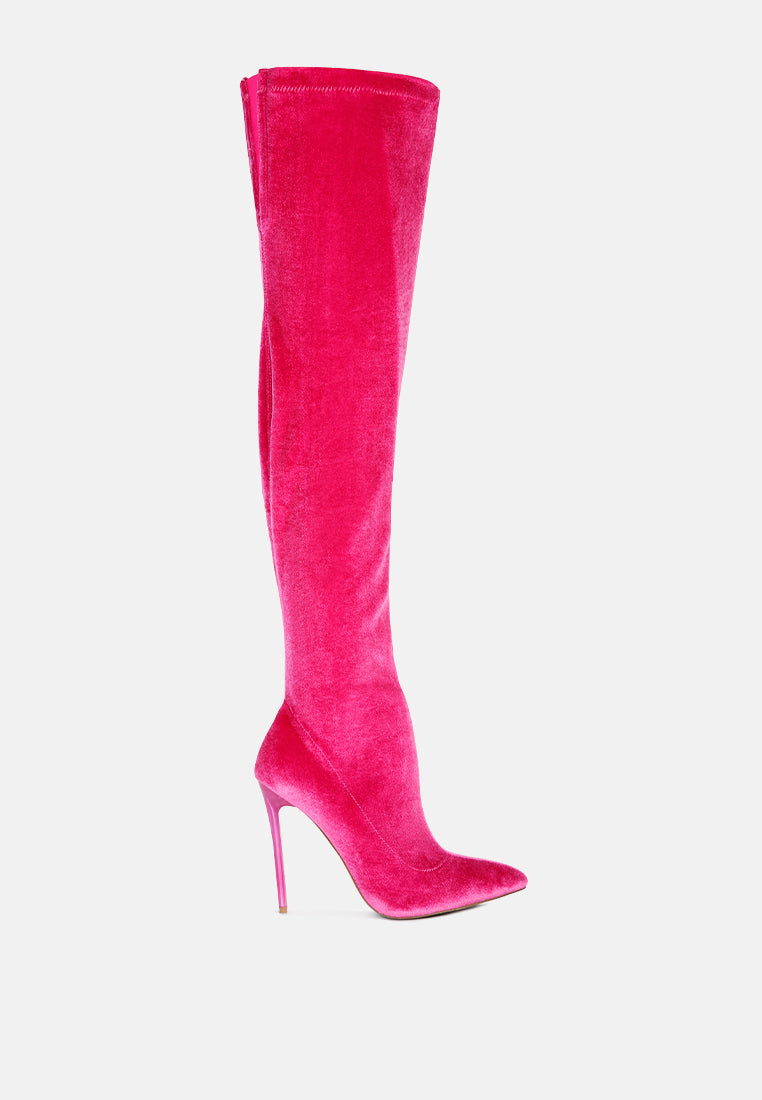 Madmiss Stiletto Calf Boots featuring a velvet upper, pointed toe, and side zipper, perfect for winter fashion.