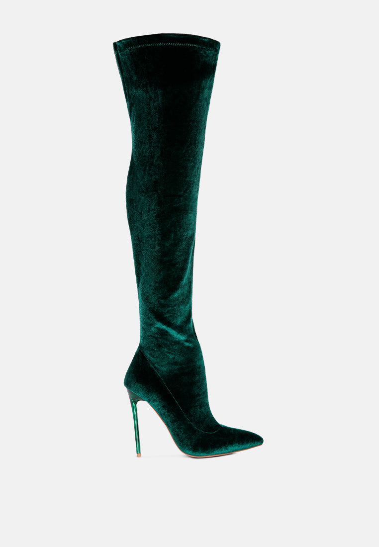 Madmiss Stiletto Calf Boots featuring a velvet upper, pointed toe, and side zipper, perfect for winter fashion.