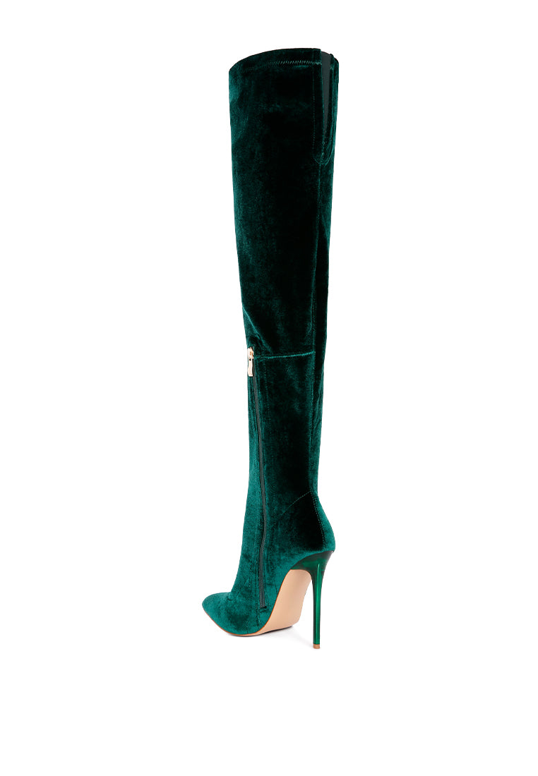 Madmiss Stiletto Calf Boots featuring a velvet upper, pointed toe, and side zipper, perfect for winter fashion.