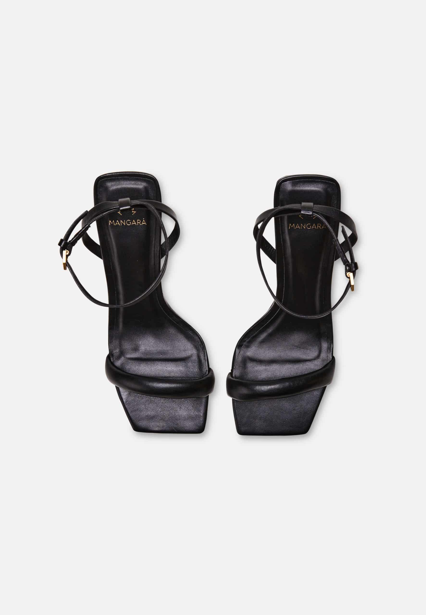 Mangará Cortiça Sandals High Heel featuring a sleek design, 9cm heel, adjustable ankle strap, and cushioned insole for comfort.