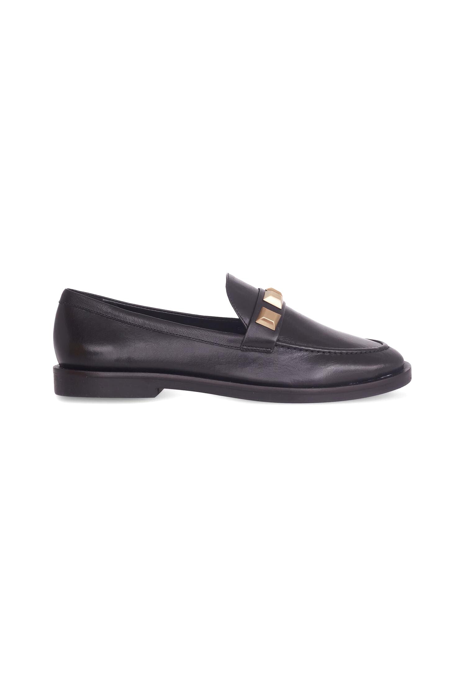 A pair of Mangará Women's Loafers Caete Leather showcasing premium goat leather, round toe design, and stylish metal studs.