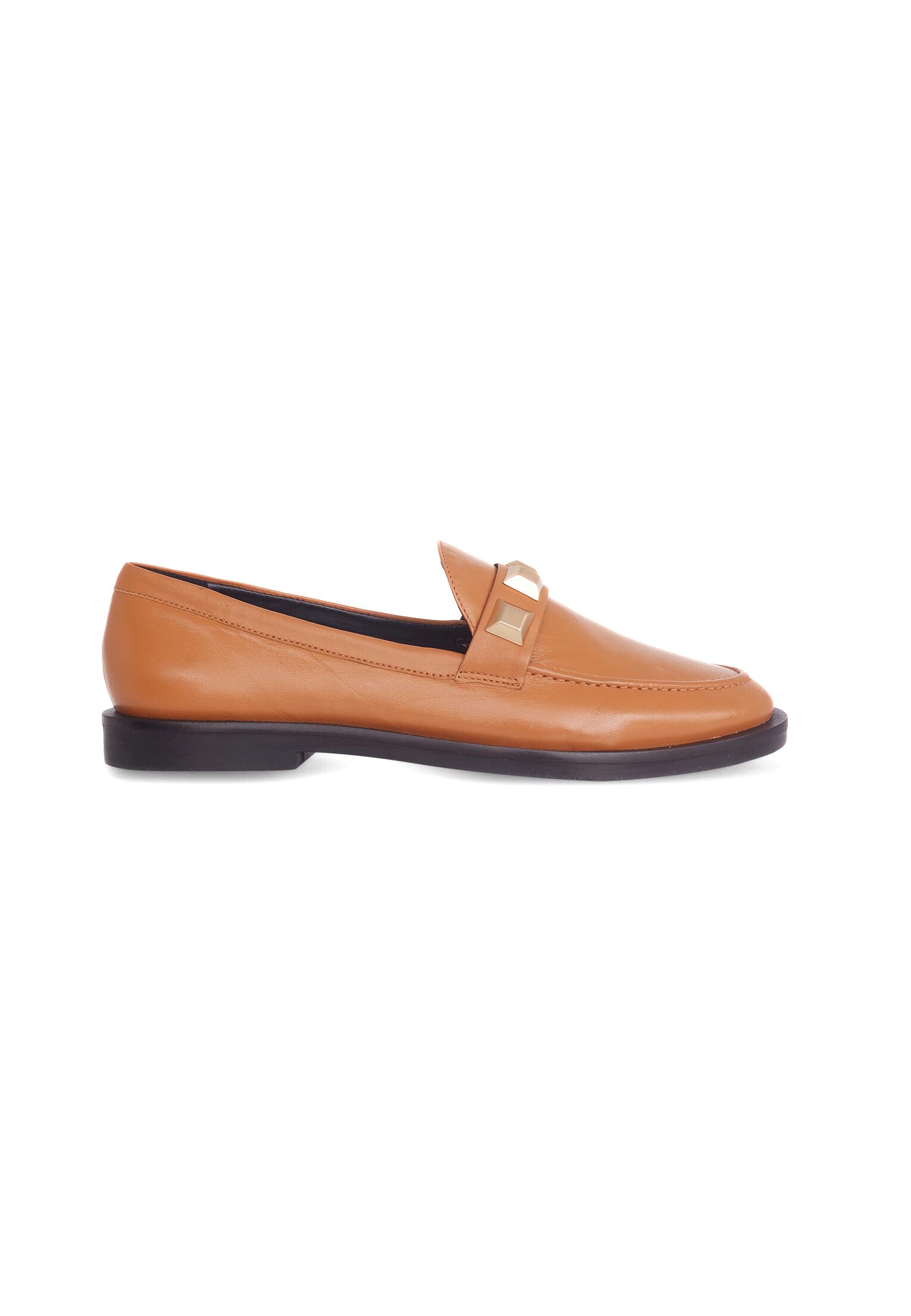 A pair of Mangará Women's Loafers Caete Leather showcasing premium goat leather, round toe design, and stylish metal studs.